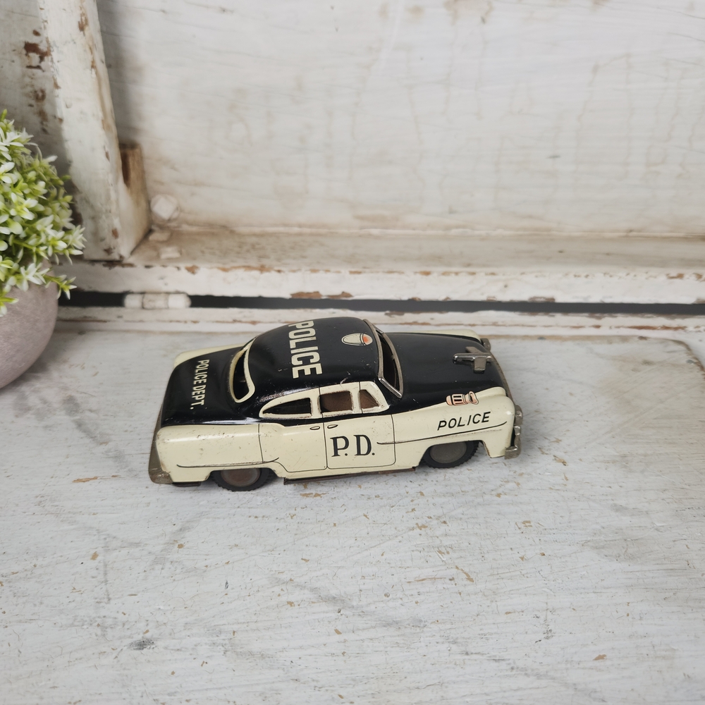 Vintage 1950s Marsan Litho Tin Friction Toy Police Car , Japan- Retro Metal Cars